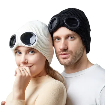 Новая твердая вязаная шапка-бини с очками ветрозащитные женские мужские утолщенные зимние лыжные шапки на открытом воздухе сохраняют тепло кепка с подогревом головы