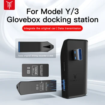 YZ Перчаточный ящик Док-станция для Tesla Model 3 Y Высокоскоростной 4 USB Шунтирующий концентратор Флокирующий адаптер Разветвитель с питанием Разветвитель Расширение разветвителя