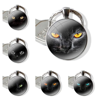 Кошачьи глаза и черная кошка ручной работы Стеклянный брелок-кабошон Подвеска Авто Брелки Ручная работа