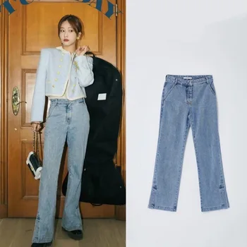Thero* 2023 новая корейская версия женских джинсов с высокой талией и расклешенными штанинами с узким боковым разрезом