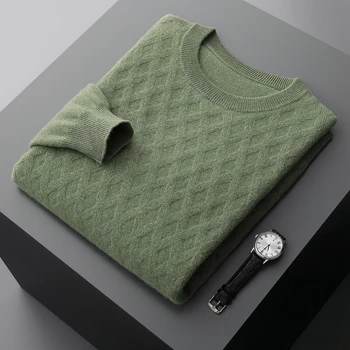 Осень и зима новый мужской однотонный пуловер с ромбовидным рисунком из 100% чистой шерсти плюс размер свободный повседневный кашемировый пот