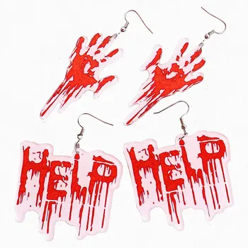 Ужас кровоточащие отпечатки рук печать акриловые серьги для женщин Хэллоуин Кровавое письмо Помощь Большой кулон Серьги Ювелирные изделия