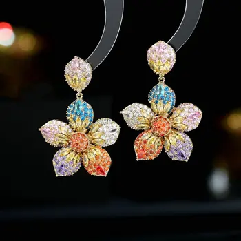 Элегантные роскошные серьги с цветком для женщин, свадебные украшения, ювелирные изделия, блестящие красочные серьги из диоксида циркония