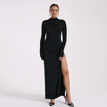 Элегантная женская одежда с длинным рукавом и открытой спиной с высоким разрезом вечернее платье High Street Ladies Slim Fit Solid Black Длинные платья для вечеринок