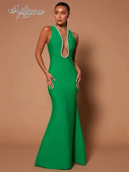 Ailigou 2023 Новая женская мода без рукавов с V-образным вырезом Сексуальное тугое бриллиантовое бандажное макси-платье Элегантное вечернее платье для вечеринки со знаменитостями