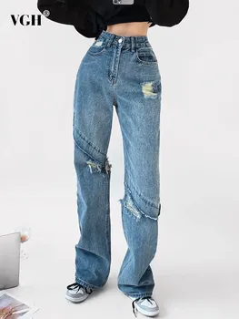 VGH твердые полые джинсовые брюки для женщин с высокой талией сращенный карман минималистичные брюки для похудения полной длины женская мода новая