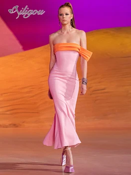 Ailigou 2023 Новая женская мода Сексуальная русалка с открытыми плечами Розовое бандажное платье Знаменитости Элегантное вечернее клубное платье для вечеринки