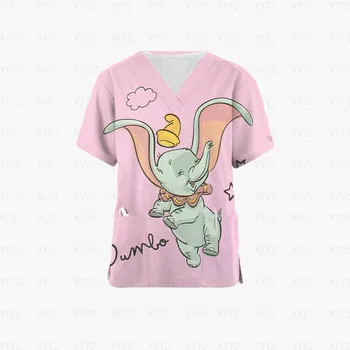 2023 Disney Dumbo V Neck Scrub Top Cartoon 3D Nurse Uniform Медицинская униформа Женская Print Cut Pet Shop Рабочая униформа Рубашка