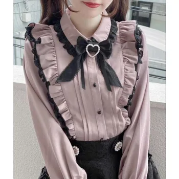 QWEEK Женские рубашки с кружевными оборками Kawaii Lolita Y2K Симпатичная розовая блузка в японском стиле с бантом Длинные рукава Сладкие топы Повседневная Harajuku