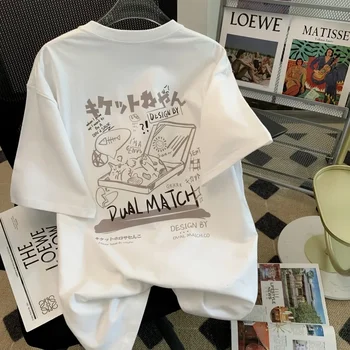Женские мультяшные футболки Лето Harajuku Kawaii Cat Print Футболки с коротким рукавом Женская пара Уличная одежда Свободная одежда Y2K Топы