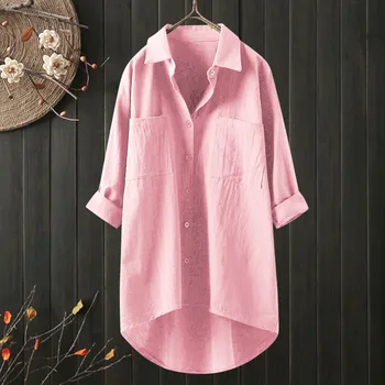 Розовые рубашки для женщин Длинные рубашки на пуговицах Кардиган Однотонный Классический с длинным рукавом Рабочие блузки с воротником Топы Мешковатый солнцезащитный крем