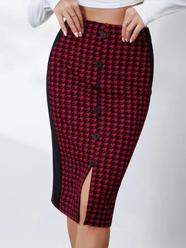 Женская элегантная юбка миди с принтом гусиной лапки с высокой талией и разрезом подол юбка-карандаш для рабочей вечеринки