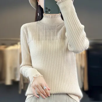  пуловер из смесовой шерсти для осени и зимы, новый женский полувысокий вырез кружевной сращивающий короткий тонкий трикотажный базовый свитер