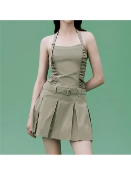 Ladies Fashion Halter Collar Зеленый плиссированный тонкий короткий платье Женские повседневные мини-платья без рукавов в стиле сафари с поясом