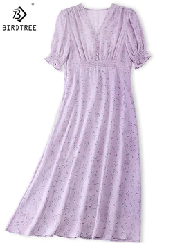 Birdtree 100% Mulberry Silk Элегантное платье Женщины с V-образным вырезом и пышными рукавами Нежные цветочные тонкие платья с высокой талией и темпераментом D3D528QD