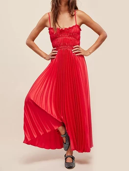 Женское летнее платье-комбинация макси сексуальное однотонное спагетти на ремешке салат-латук плиссированное длинное струящееся пляжное повседневное платье