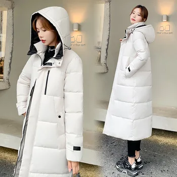 Зимняя куртка Женское длинное утолщенное пуховое пальто с капюшоном Прямая элегантная верхняя одежда 2024 Корейская мода Женские парки