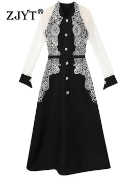 ZJYT Осеннее полое платье в стиле пэчворк с вышивкой Черные женщины 2023 Длинные рукава для вечеринок Vestidos Элегантный винтажный повседневный халат