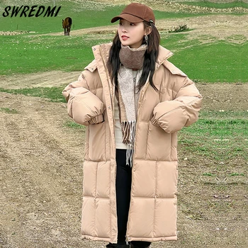 Женская зимняя зимняя зимняя куртка в корейском стиле S-2XL пуховое длинное теплое пальто с капюшоном сплошные большие карманы SWREDMI