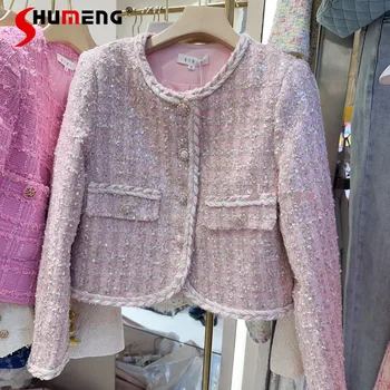 2023 Осень Новый Стиль Розовое Классическое Пальто Женщины Легкая Роскошная Уличная Одежда Пайетки Светский Стиль Короткие Куртки Зимняя Одежда Mujer