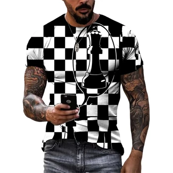 2024 Освежающая летняя мода Мужская одежда Черно-белая шахматная футболка с 3D-принтом Круглый вырез Спортивная повседневная с короткими рукавами