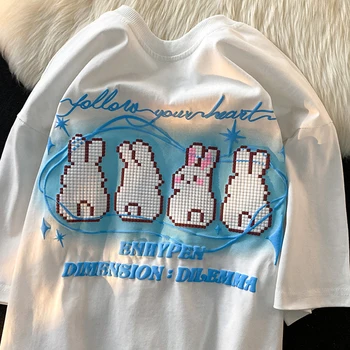 Стереограмма Кролик Письмо Женская футболка Лето Новая свободная хлопковая футболка с коротким рукавом Белая корейская мода Женская одежда Y2K Топ