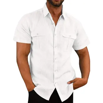 Мужские рубашки с коротким рукавом из хлопкового льна с двойным карманом мужские топы Белый
