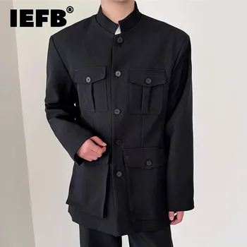 IEFB Мужские пиджаки с несколькими карманами Китайский стиль Отложной воротник Пуговица Однотонный мужской блейзер Новый модный весна 2024 9C4341