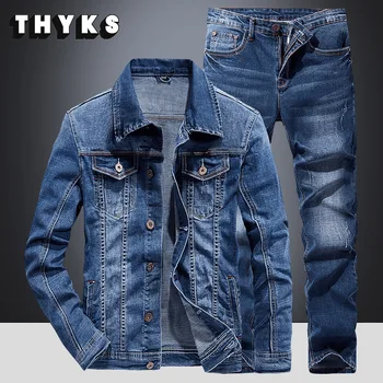  комплекты Синие джинсовые куртки Мужская мода с несколькими карманами Свободные повседневные хлопковые винтажные уличные ковбойские пальто Брендовая одежда Джинсовые брюки Мужчины
