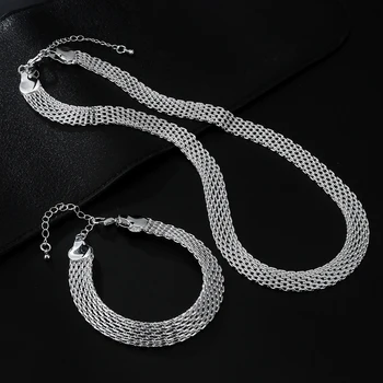 925 Стерлинговое серебро высокое качество сетчатая цепь браслеты ожерелья для женщин мода вечеринка свадебные аксессуары ювелирные изделия наборы подарки