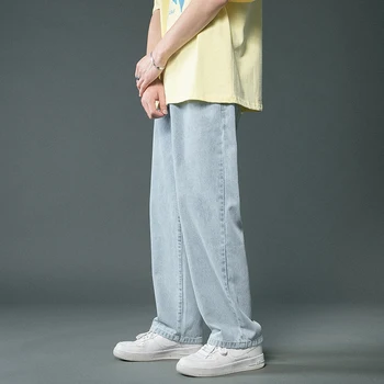 Модные джинсы для мужчин Корейские прямые брюки Джинсовые брюки High Street Мешковатые повседневные брюки Уличная мужская одежда C91