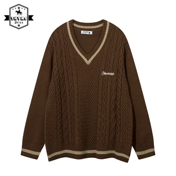 Мужской винтажный вязаный пуловер в академическом стиле японский уличная мода простая толстовка женские осенние свитера Harajuku с V-образным вырезом
